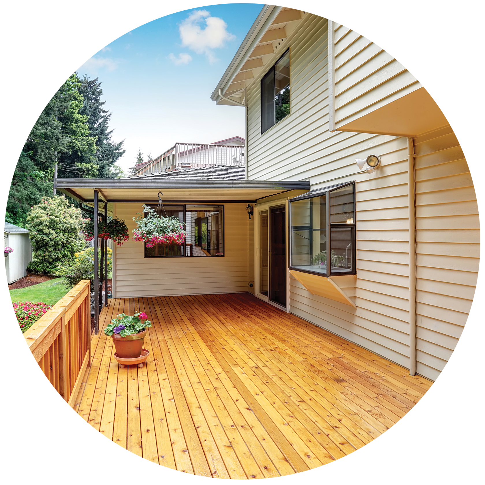 Wood deck and railing with small roof