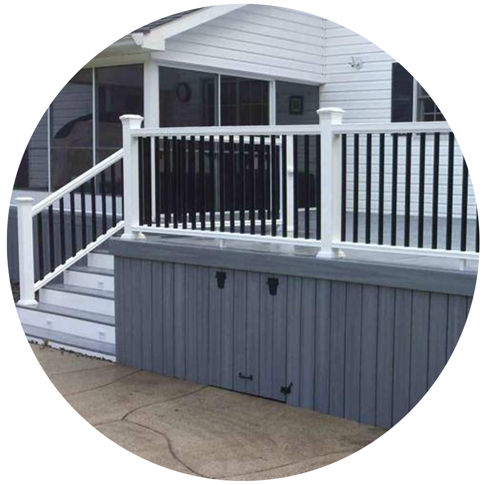 Grey deck with white and black railings